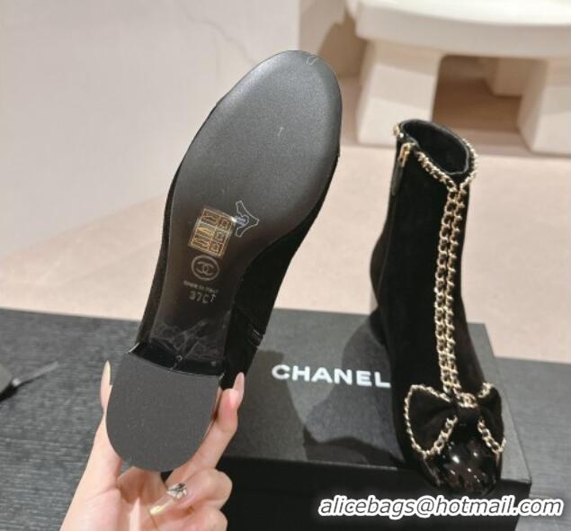 Top Grade Chanel Suede Heel Ankle Boots with Chain and Bow Black 816080