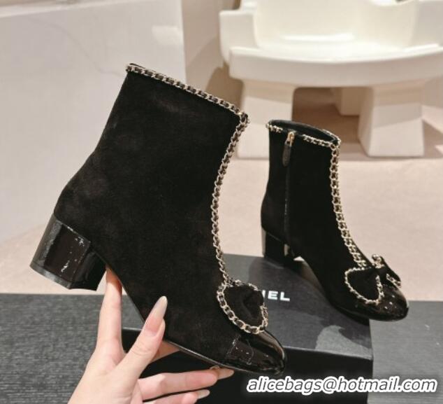 Top Grade Chanel Suede Heel Ankle Boots with Chain and Bow Black 816080