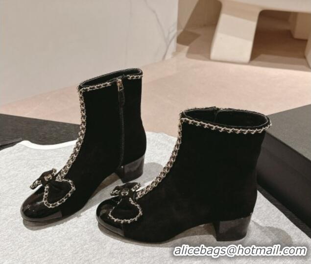 Top Grade Chanel Suede Heel Ankle Boots with Chain and Bow Black 816080