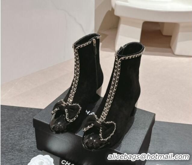 Top Grade Chanel Suede Heel Ankle Boots with Chain and Bow Black 816080