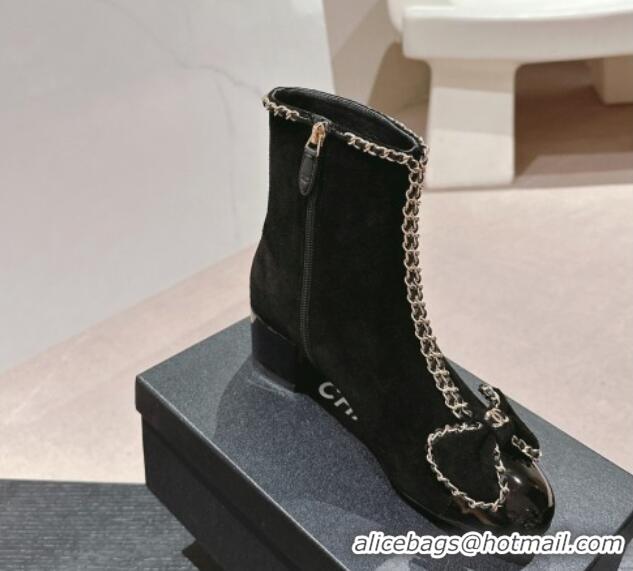 Top Grade Chanel Suede Heel Ankle Boots with Chain and Bow Black 816080