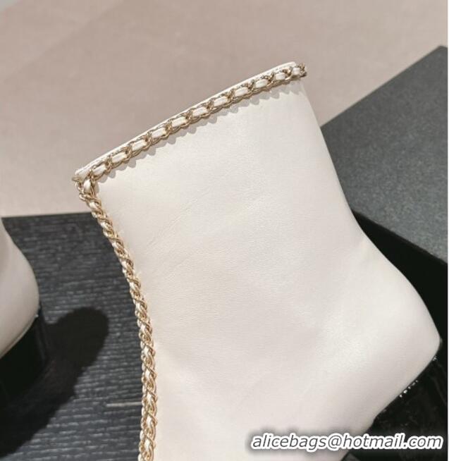 Purchase Chanel Calfskin Heel Ankle Boots with Chain and Bow White 816081