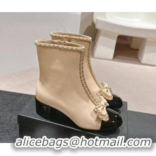 Classic Hot Chanel Calfskin Heel Ankle Boots with Chain and Bow Beige 816082