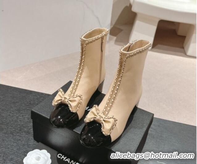 Classic Hot Chanel Calfskin Heel Ankle Boots with Chain and Bow Beige 816082