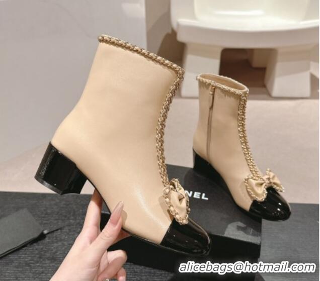 Classic Hot Chanel Calfskin Heel Ankle Boots with Chain and Bow Beige 816082