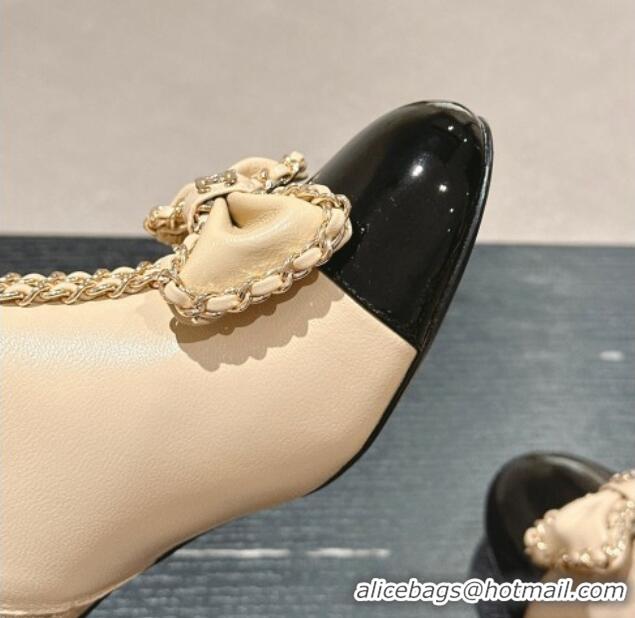 Classic Hot Chanel Calfskin Heel Ankle Boots with Chain and Bow Beige 816082