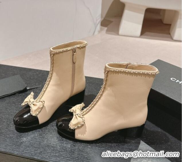 Classic Hot Chanel Calfskin Heel Ankle Boots with Chain and Bow Beige 816082