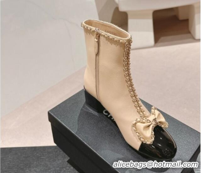 Classic Hot Chanel Calfskin Heel Ankle Boots with Chain and Bow Beige 816082