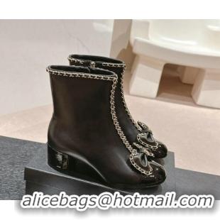 Low Price Chanel Calfskin Heel Ankle Boots with Chain and Bow Black 816083