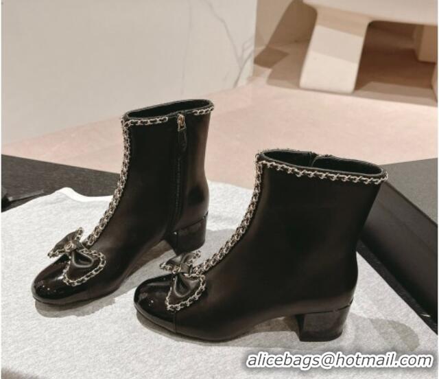 Low Price Chanel Calfskin Heel Ankle Boots with Chain and Bow Black 816083