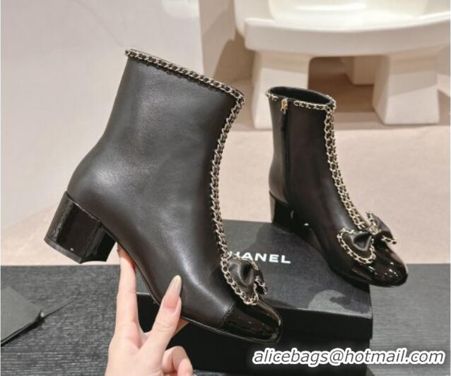 Low Price Chanel Calfskin Heel Ankle Boots with Chain and Bow Black 816083