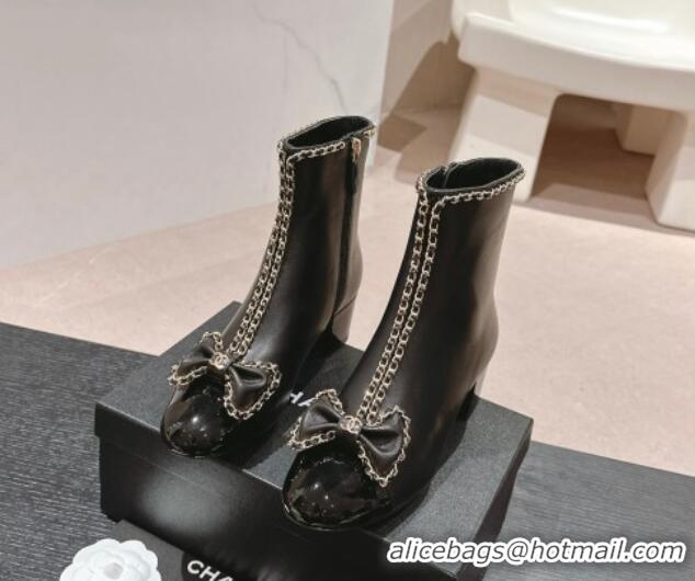 Low Price Chanel Calfskin Heel Ankle Boots with Chain and Bow Black 816083