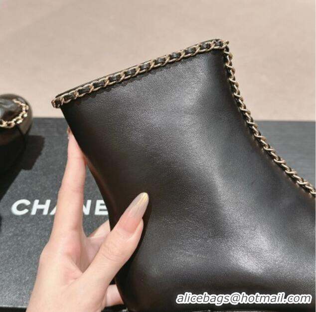 Low Price Chanel Calfskin Heel Ankle Boots with Chain and Bow Black 816083