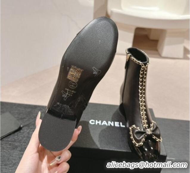 Low Price Chanel Calfskin Heel Ankle Boots with Chain and Bow Black 816083