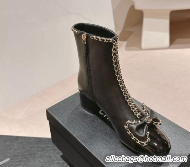 Low Price Chanel Calfskin Heel Ankle Boots with Chain and Bow Black 816083