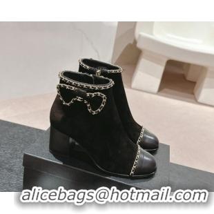 Unique Style Chanel Suede Heel Ankle Boots with Chain and Bow Black 816084