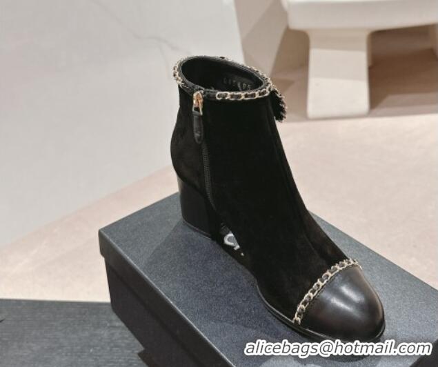 Unique Style Chanel Suede Heel Ankle Boots with Chain and Bow Black 816084