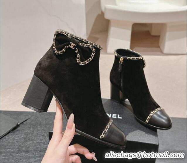 Unique Style Chanel Suede Heel Ankle Boots with Chain and Bow Black 816084