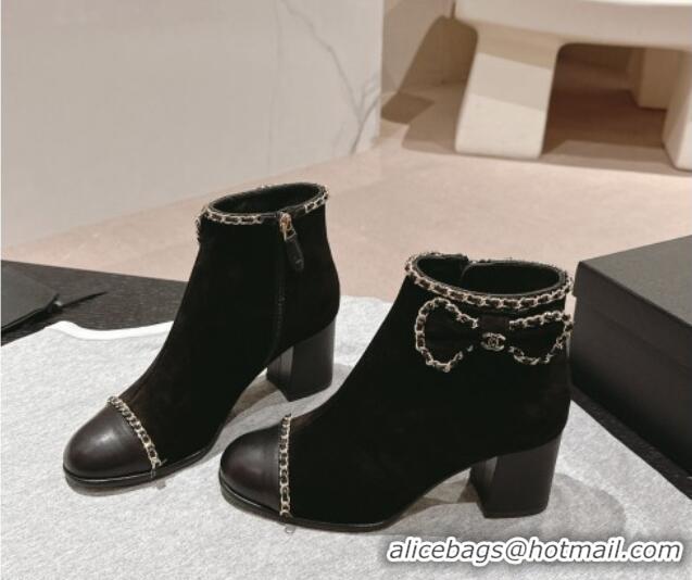 Unique Style Chanel Suede Heel Ankle Boots with Chain and Bow Black 816084