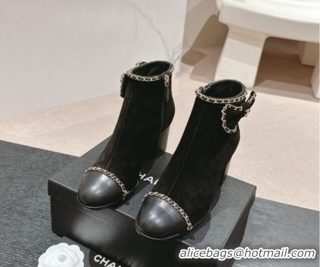 Unique Style Chanel Suede Heel Ankle Boots with Chain and Bow Black 816084