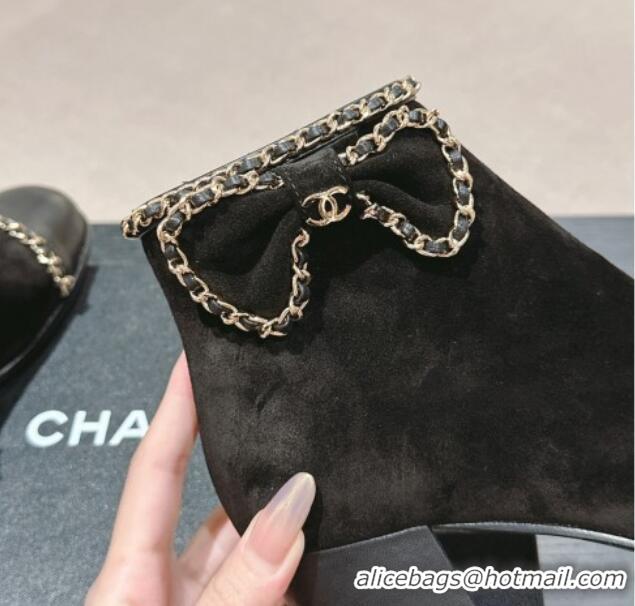 Unique Style Chanel Suede Heel Ankle Boots with Chain and Bow Black 816084