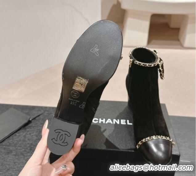 Unique Style Chanel Suede Heel Ankle Boots with Chain and Bow Black 816084