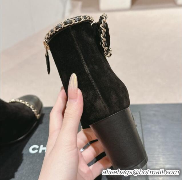 Unique Style Chanel Suede Heel Ankle Boots with Chain and Bow Black 816084