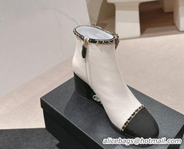 Good Looking Chanel Calfskin Heel Ankle Boots with Chain and Bow White 816085