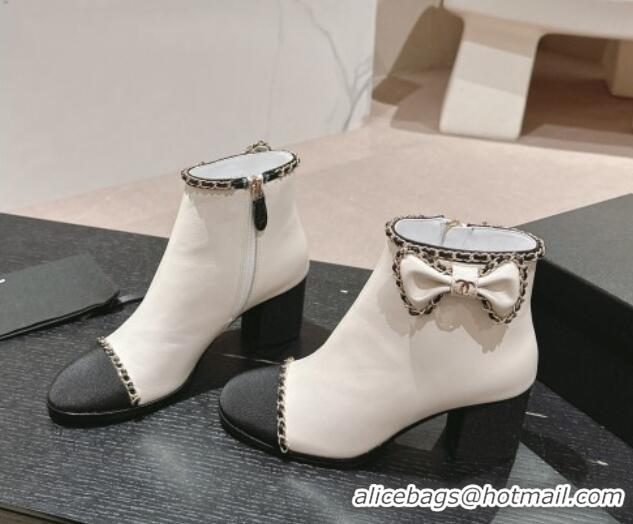 Good Looking Chanel Calfskin Heel Ankle Boots with Chain and Bow White 816085