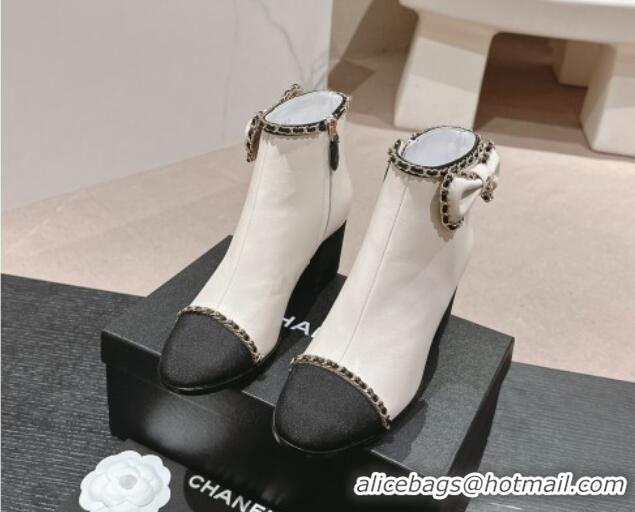 Good Looking Chanel Calfskin Heel Ankle Boots with Chain and Bow White 816085