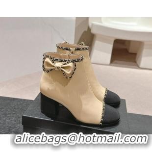 Best Product Chanel Calfskin Heel Ankle Boots with Chain and Bow Beige 816086