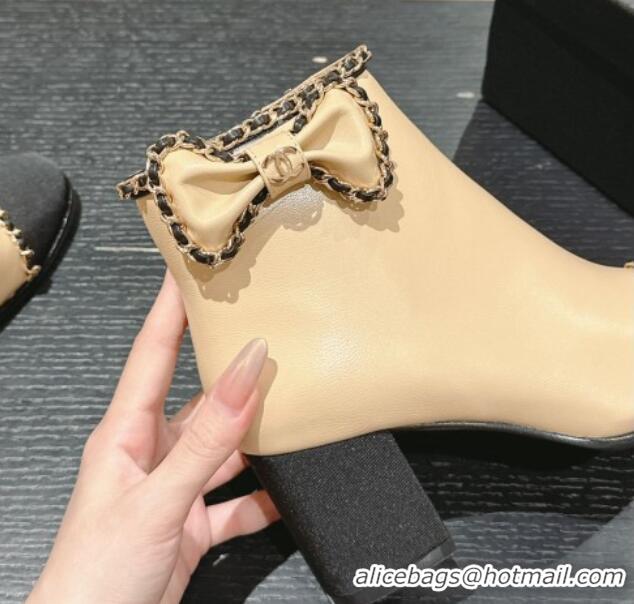 Best Product Chanel Calfskin Heel Ankle Boots with Chain and Bow Beige 816086