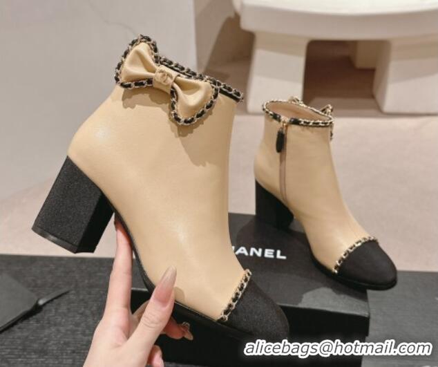 Best Product Chanel Calfskin Heel Ankle Boots with Chain and Bow Beige 816086