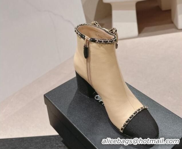 Best Product Chanel Calfskin Heel Ankle Boots with Chain and Bow Beige 816086