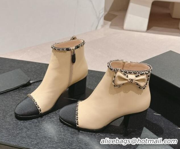 Best Product Chanel Calfskin Heel Ankle Boots with Chain and Bow Beige 816086