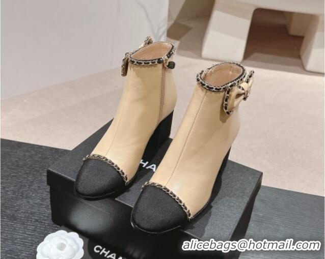 Best Product Chanel Calfskin Heel Ankle Boots with Chain and Bow Beige 816086