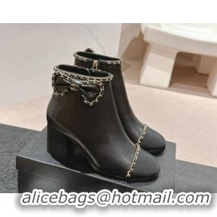 Unique Discount Chanel Calfskin Heel Ankle Boots with Chain and Bow Black 816087