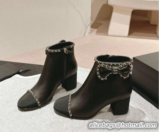 Unique Discount Chanel Calfskin Heel Ankle Boots with Chain and Bow Black 816087