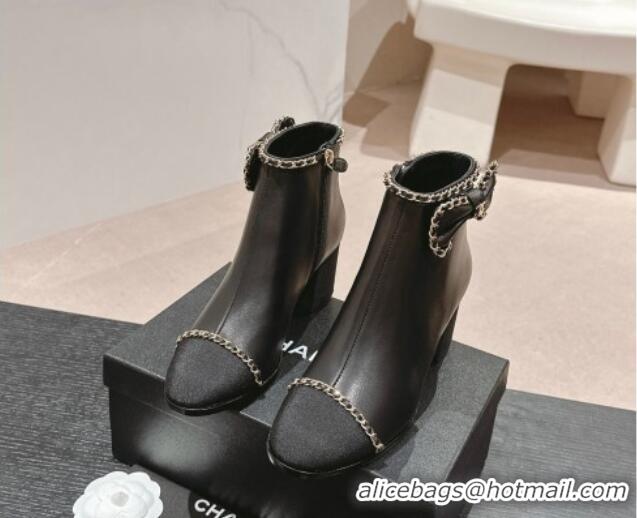 Unique Discount Chanel Calfskin Heel Ankle Boots with Chain and Bow Black 816087