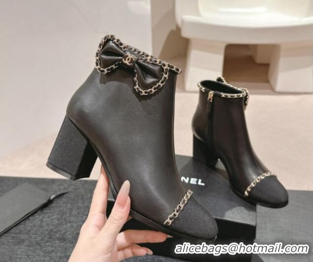 Unique Discount Chanel Calfskin Heel Ankle Boots with Chain and Bow Black 816087