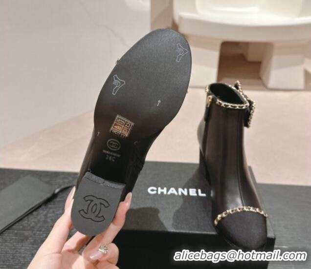 Unique Discount Chanel Calfskin Heel Ankle Boots with Chain and Bow Black 816087