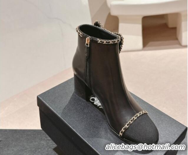 Unique Discount Chanel Calfskin Heel Ankle Boots with Chain and Bow Black 816087