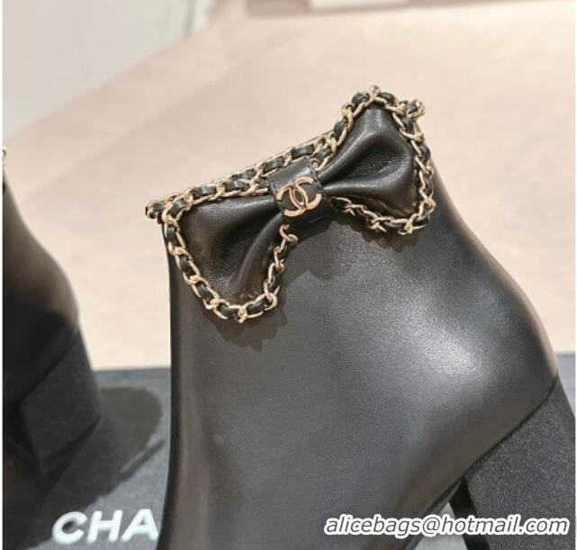 Unique Discount Chanel Calfskin Heel Ankle Boots with Chain and Bow Black 816087