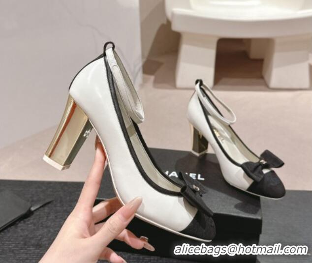 Best Grade Chanel Calfskin Pumps with Bow and Ankle Strap White 816090