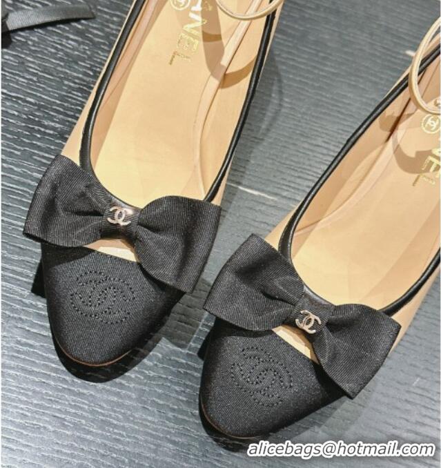 Low Cost Chanel Calfskin Pumps with Bow and Ankle Strap Beige 816091