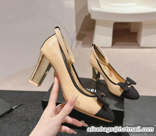 Low Cost Chanel Calfskin Pumps with Bow and Ankle Strap Beige 816091