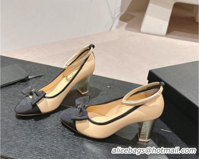 Low Cost Chanel Calfskin Pumps with Bow and Ankle Strap Beige 816091