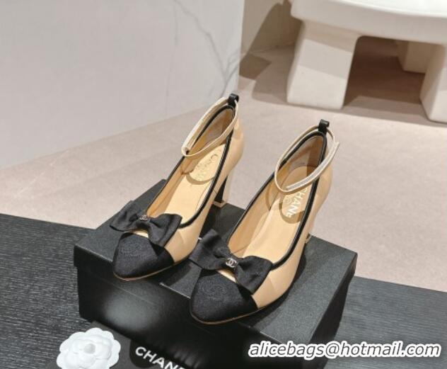 Low Cost Chanel Calfskin Pumps with Bow and Ankle Strap Beige 816091