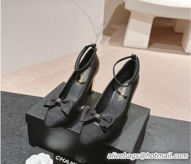 Cheap Price Chanel Calfskin Pumps with Bow and Ankle Strap Black 816092