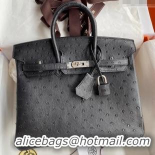 Buy Classic Hermes Birkin 25cm Bag in Ostrich Leather H0025 Black/Silver 2024 (Full Handmade)